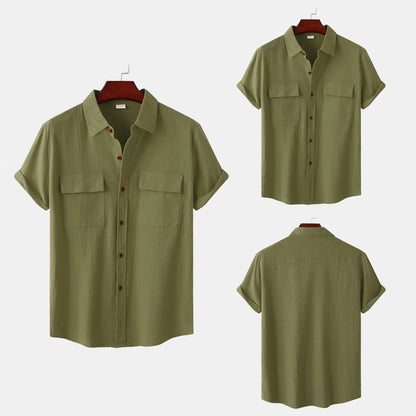 Turn Down Collar Men Shirts Solid Short Sleeve Shirts Single Breasted Casual Shirt Buttons Cardigan Sports Loose Breathable