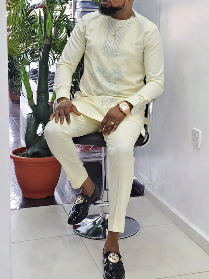 Kaftan Men Wedding Suits Groom Embroidered Pocket Top And Pants Kaunda Suit African casual Outfits Party Fashion Two-piece Set