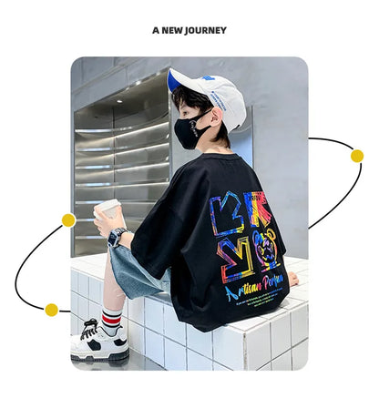 Kids Summer Clothes T-shirt for Boy Short Sleeve Cotton Tshirt Outfits Teenage Children Cartoon Print Clothing Age 5 To 14 Years