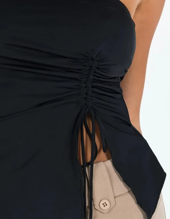 Women Tanks Solid Off Shoulder Asymmetric Drawstring Slit Casual Camis Elastic Sleeveless Female Crop Tops Summer Sexy Spicy
