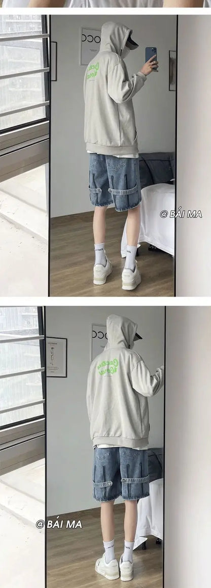 Denim Shorts Wear Five-point Summer Thin Style Trendy Street-fried Street-style Loose Straight Men&