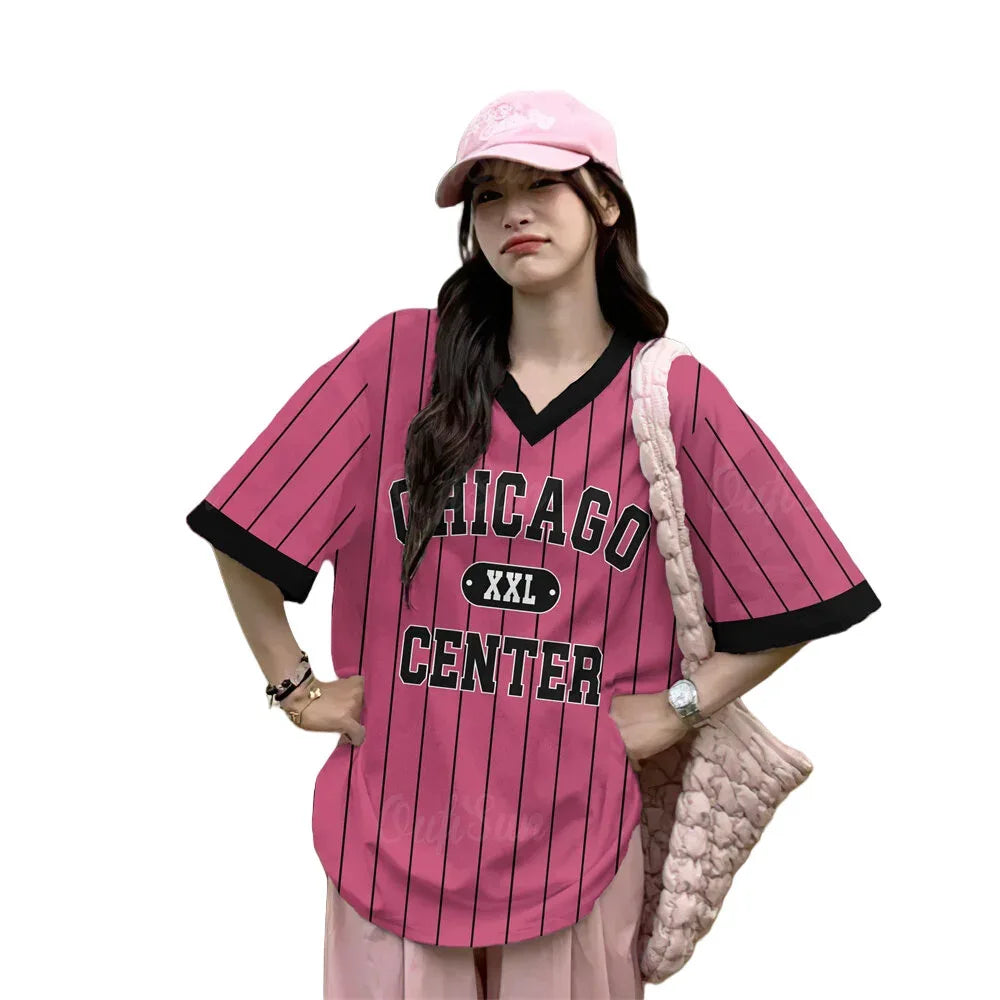 Jersey Shirts for Women Y2k Oversized T Shirt Striped Number Graphic Tees V Neck Half Sleeve Streetwear Tops