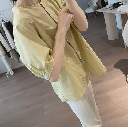 Women Round Neck Blouse Short Sleeve Button Down Loose Casual Solid Color Summer Shirt