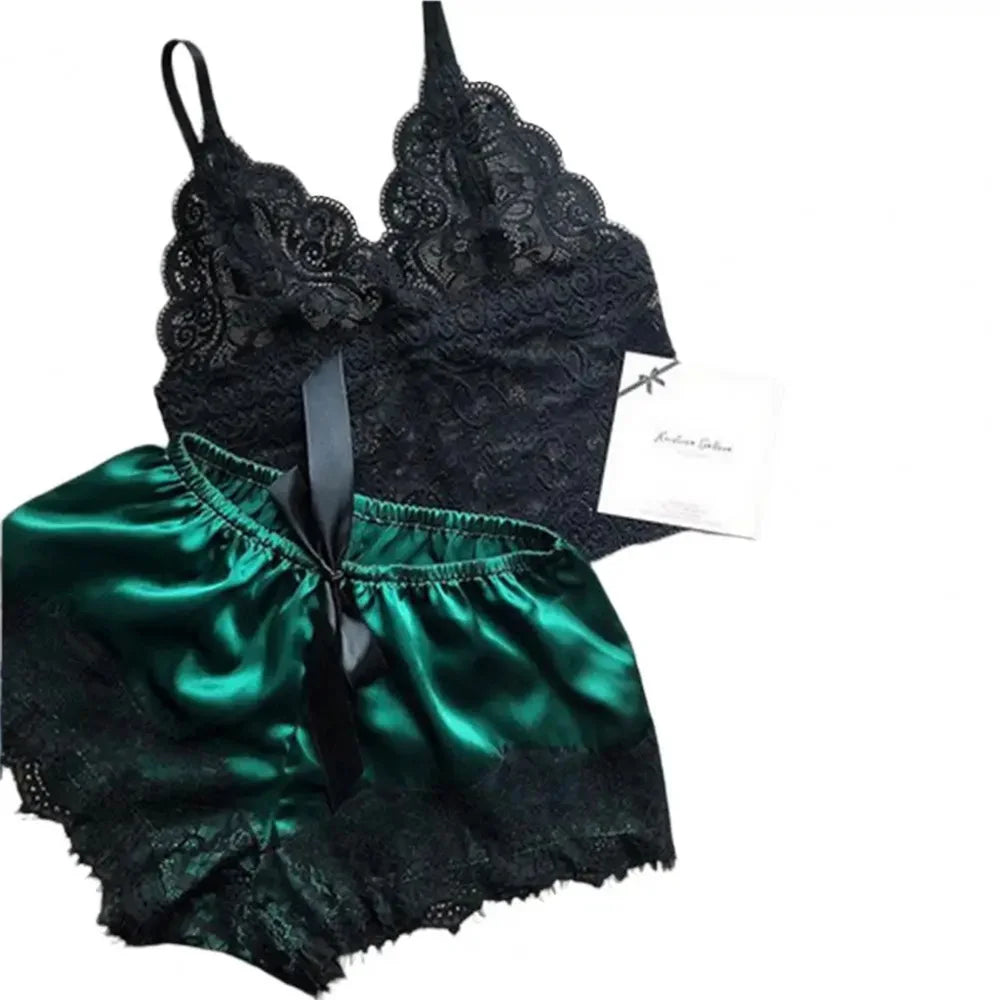 Women Pajamas Set Sexy Satin Lace Sleepwear Lingerie Ladies Elastic Suspender Shorts  Nightwear Suits Sleeveless Underwear Tops