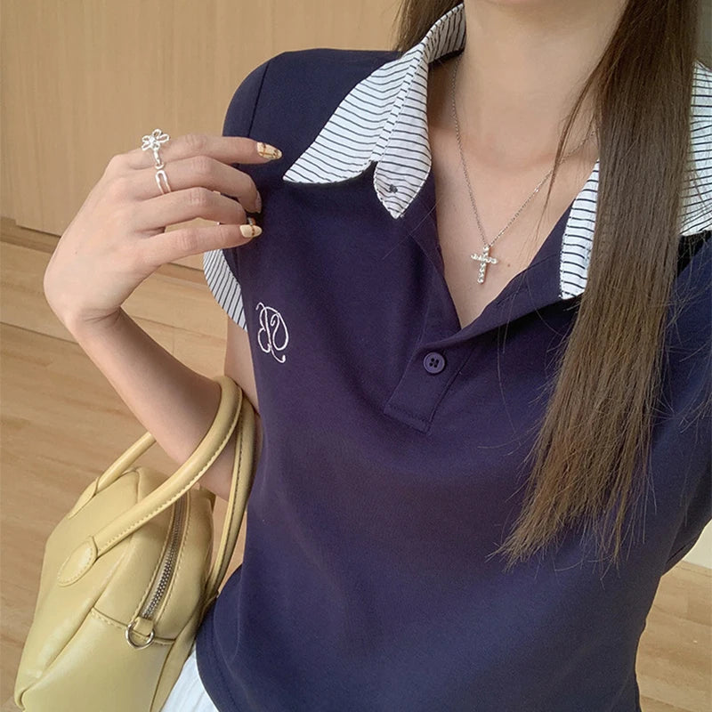 Chic Spliced Striped Lapel Short Sleeve T-Shirts Women Stylish Embroidery Buttons Navy Blue Tees Preppy Style Skinny Slim Tops