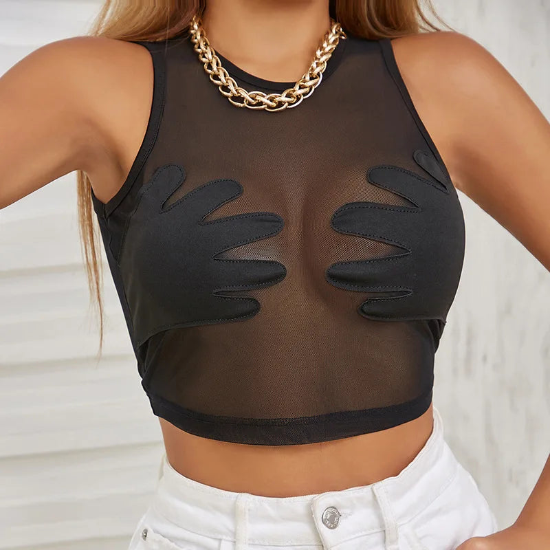 Sleeveless Sexy Tank Top Women Clothing See Through Y2k Accessories O-neck Palms Cute Mini T-shirts Mesh Black Ropa De Mujer