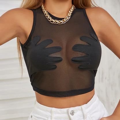 Sleeveless Sexy Tank Top Women Clothing See Through Y2k Accessories O-neck Palms Cute Mini T-shirts Mesh Black Ropa De Mujer