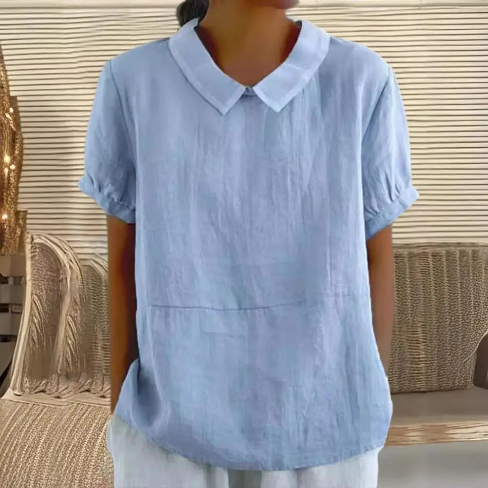 2026 Cotton Linen Women Blouse Lapel Short Sleeve Breathable Top Loose Fit Blouse Round Neck Soft Fabric Summer Blouse 80%