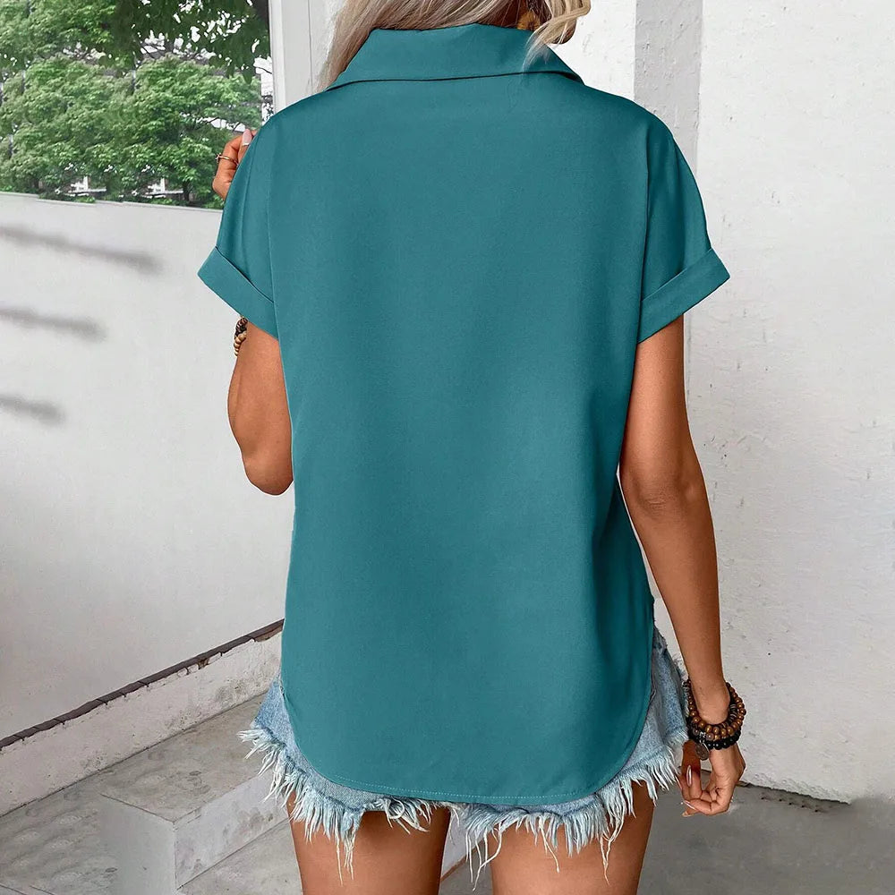 Fashion Short Sleeve Shirts For Women Summer 2025 Casual Solid Color Turn-down Collar Loose Blouse Female Elegant