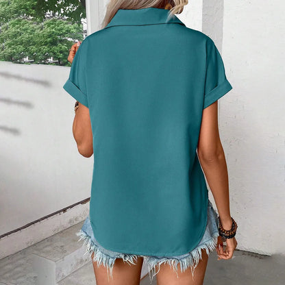 Fashion Short Sleeve Shirts For Women Summer 2025 Casual Solid Color Turn-down Collar Loose Blouse Female Elegant