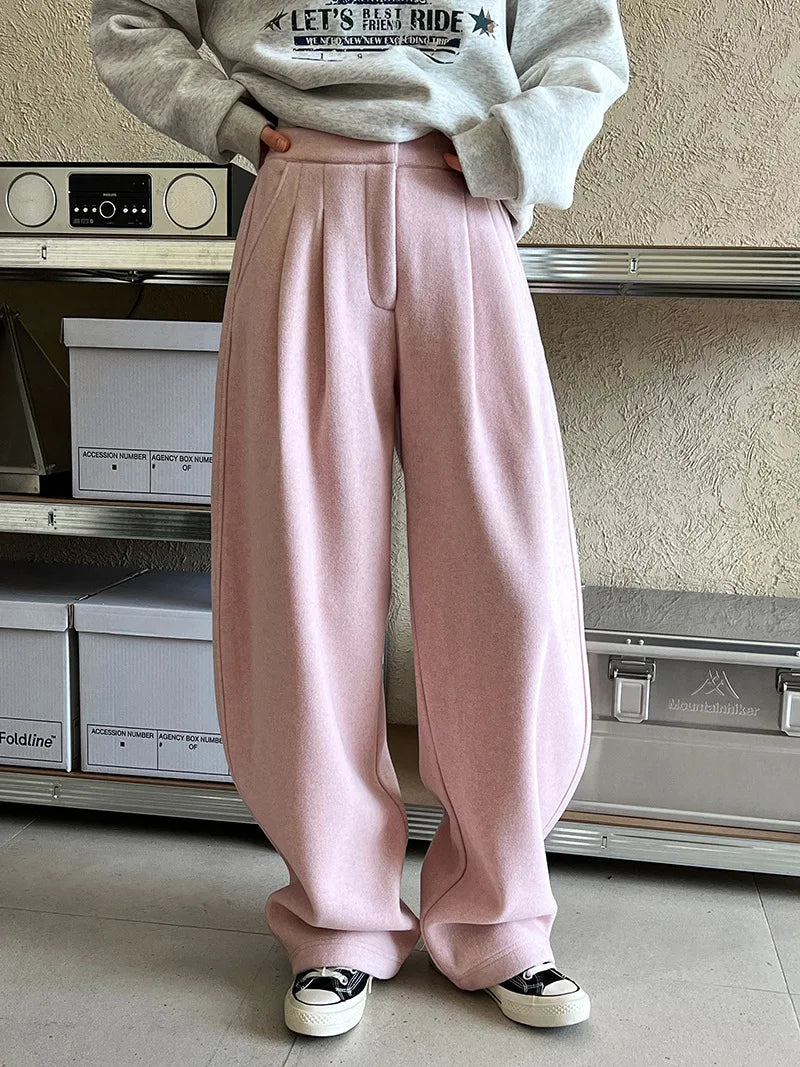 2025 Women Winter Autumn Thick Pants High Waist Wide Leg Warm Woolen Pants Fashion Clothes Vintage Pants Female Trousers