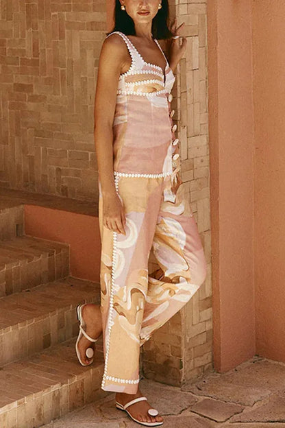Women Sleeveless Top Two Pieces Matching Sets 2025 Summer Printed Patchwork Chic Outfit V Neck Fashion Simple Lady Suit Clothing