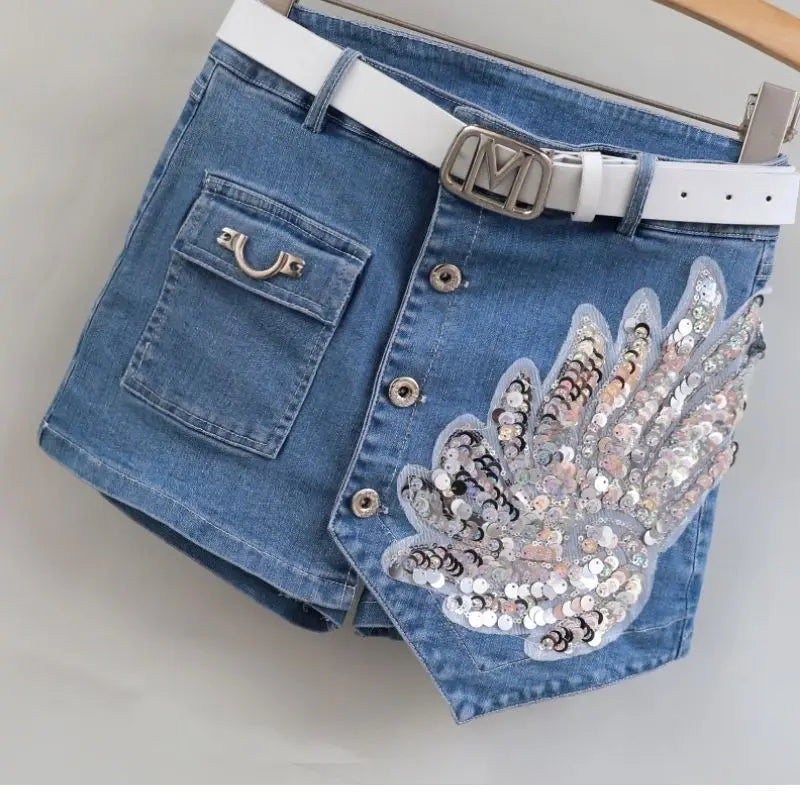 Fashion Sequin Denim Short Skirt Women Spring/Summer 2025 New Korean High Waist Slim Irregular Sexy Hot Pants White Black Casual