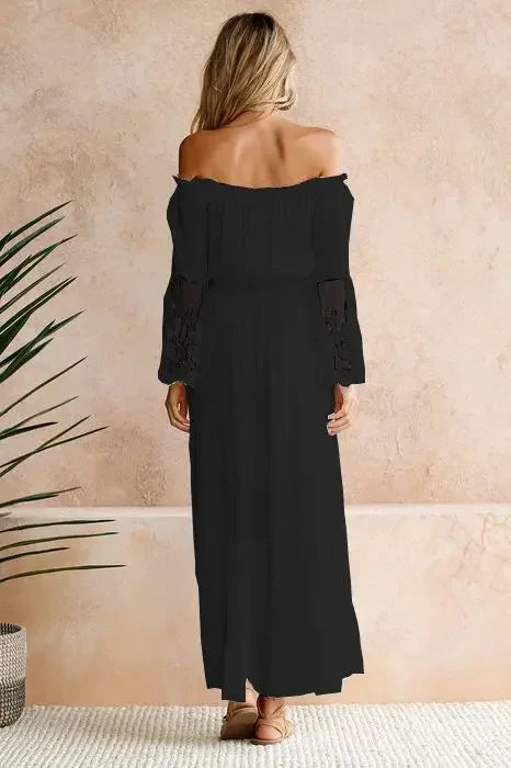 Sundress Swing Dress Women Elegant Long Sleeve Drawstring Slash Neck Lace Pleated Ruffle Loose Vacation Party Dresses Vestidos