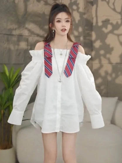 2025 Blusas De Mujer Autumn Blouse for Women Slashn Neck Patchwork Loose Shirts Fashion Single Breasted Oversized Blouses Tops