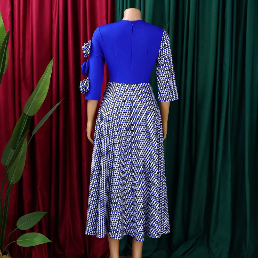 Elegant Dresses for Women 2026 Fall Fashion African 3/4 Sleeve Party Birthday New Robe Chic 3D Flower Plaid Evening A-Line Dress