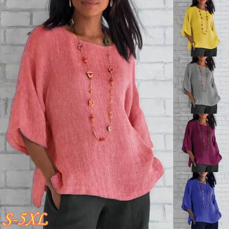 Cotton Blouse Shirts Summer O-Neck Three Quarter Loose Casual Blouse Tops Summer Cothes For Women Streetwear