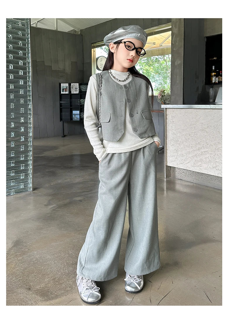 Design junior girls clothes set Round neck vest+cotton t-shirt+Wide leg pants 3pcs teenage kids clothing suit chidren outfits 14