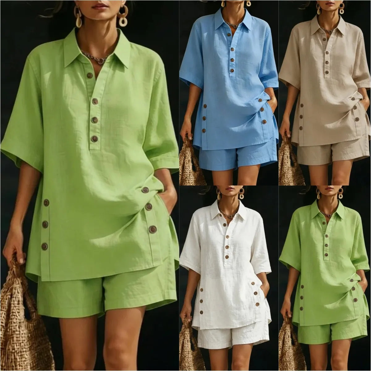 casual loose button shirts shorts two piece sets women fashion half sleeve spllit shirts suits summer elegant shorts outfits