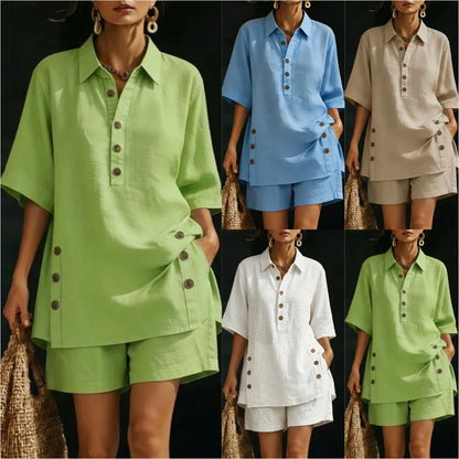 casual loose button shirts shorts two piece sets women fashion half sleeve spllit shirts suits summer elegant shorts outfits