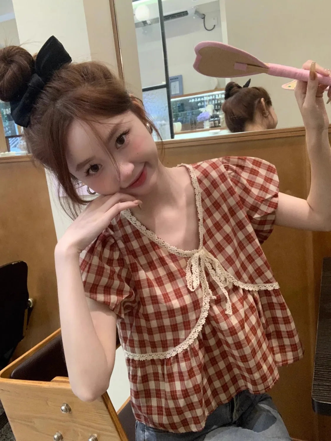Blouses Women Plaid Vintage Literary Summer Short-sleeve Sweet Crop Tops Lace-up Aesthetic Prairie Chic Students French Style