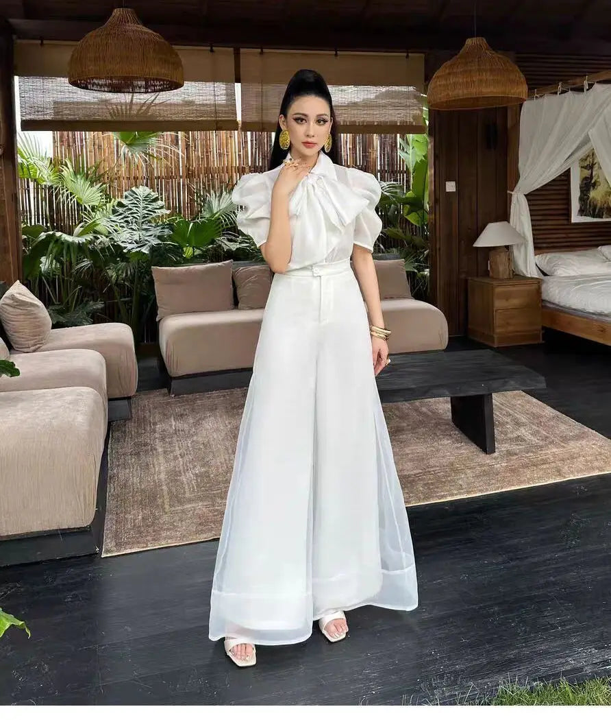 New Fashion Organza Wide Leg Palazzo Pants Women Elegant Summer High Waist Solid Color Office Lady Trousers Clothing