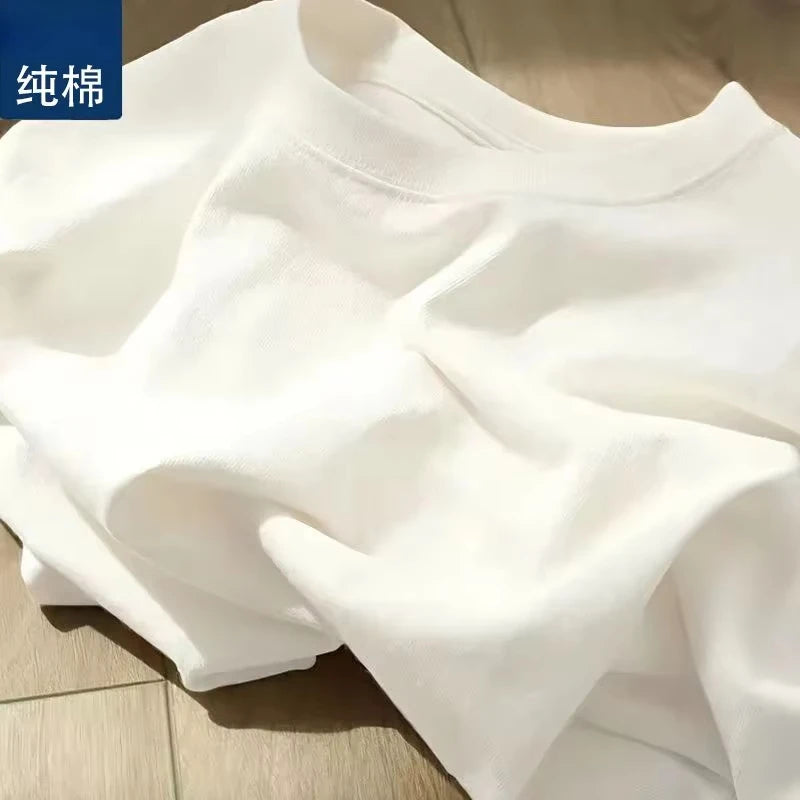 Men Women 100% Cotton T-shirt Solid Color Trend Leisure Short Sleeve Black White Gray High Quality Heavy Fabric Loose T Shirt