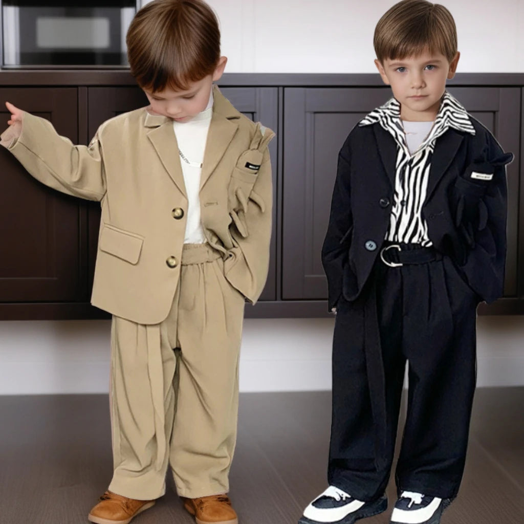 Kids Suits Fashion Casual Blazers Wide-legged Trousers 2 Piece Girls Clothes Set Khaki Loose Children Wedding Birthday Costumes