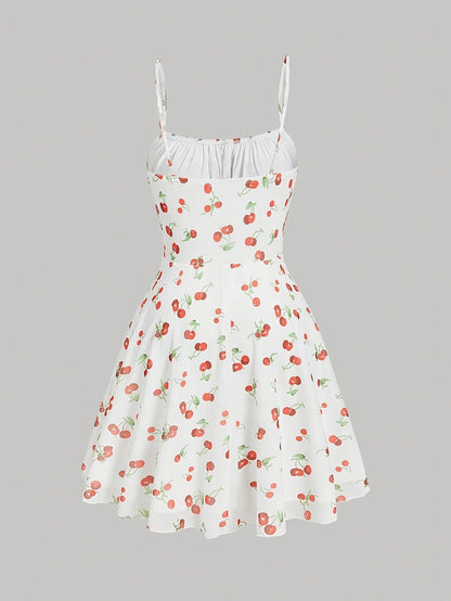 Cherry Printed Vintage Summer Dresses Y2kWomen Swing Robe Party Dress 2025 New Casual Vestidos Sexy Strapless A-Line Sundresses