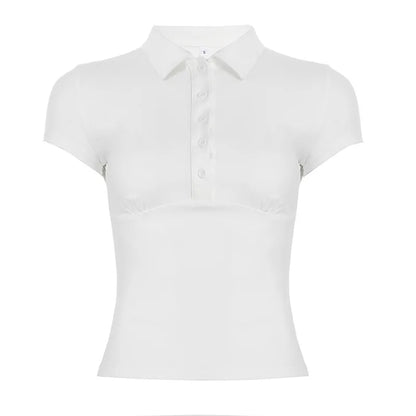 Turn-down Collar T Shirts For Women Streetwear Short Sleeve Crop Top Y2k Clothes Buttons Tshirt Solid Camisetas Slim Ropa Mujer