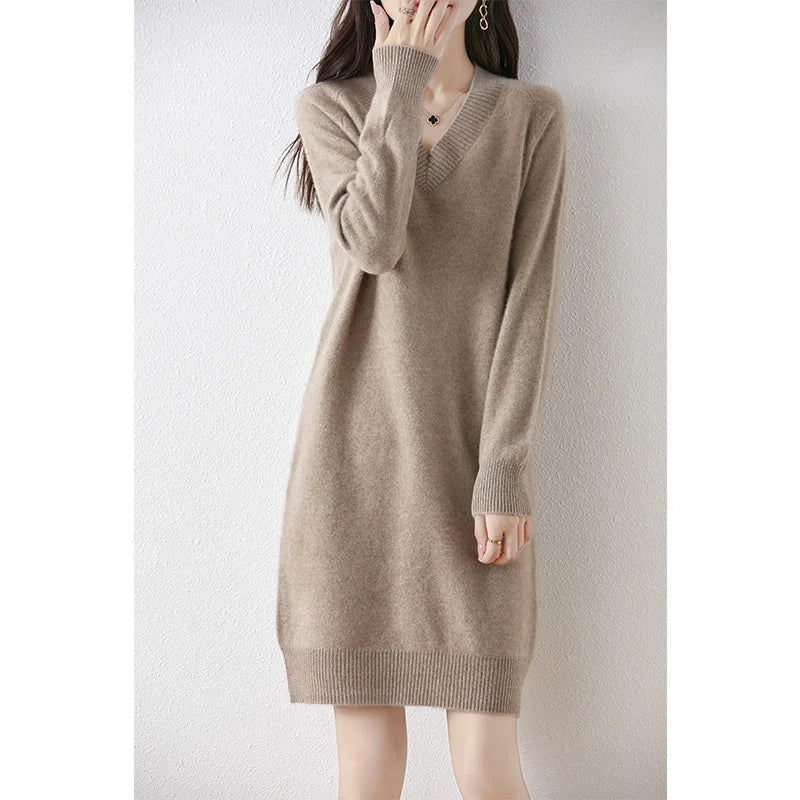 Fashion Autumn Winter Dress Women100%Merino Wool V-neck Long-sleeved Dress Women&