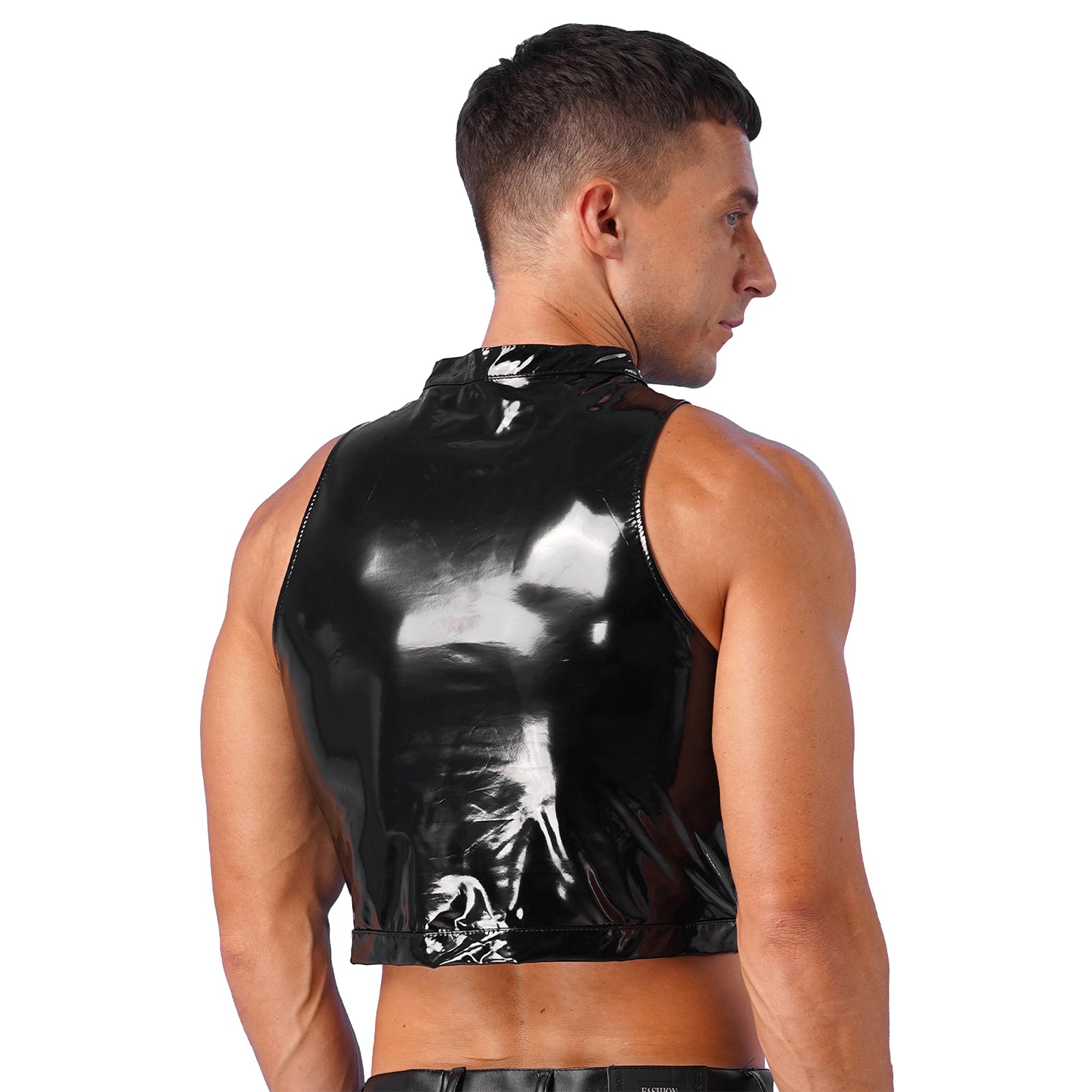 Mens Sleeveless Crop Top for Men Gothic Punk Clubwear Wet Look Patent Leather Vest Tops Hollow Out Eyelet Lace-Up Sleeveless Top