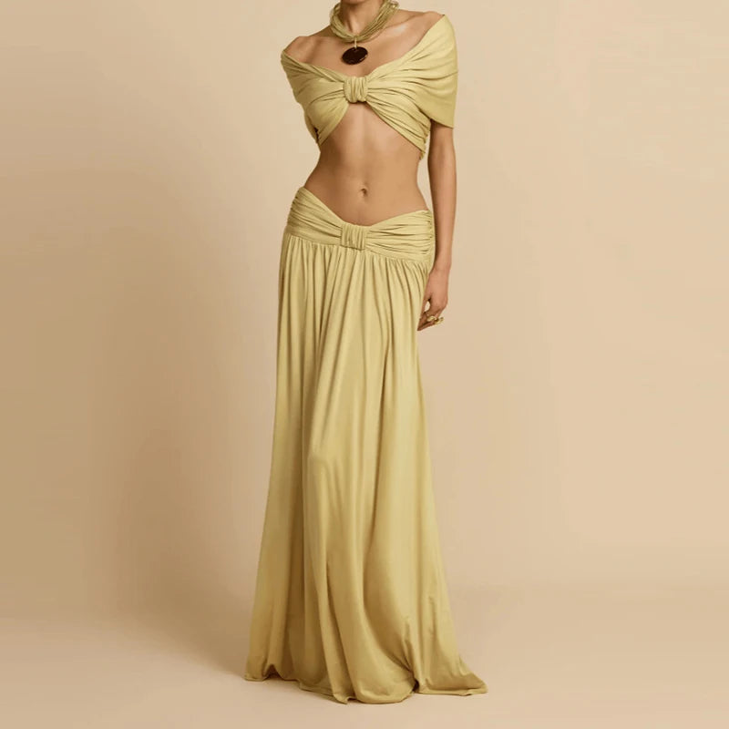 Women Fashion Hight Waist Draped Solid Outfit Elegant Half Skirt 2Pc Suit Sexy Off Shoulder Sleeveless Crop Top &amp; Long Skirt Set