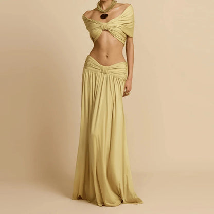Women Fashion Hight Waist Draped Solid Outfit Elegant Half Skirt 2Pc Suit Sexy Off Shoulder Sleeveless Crop Top &amp; Long Skirt Set