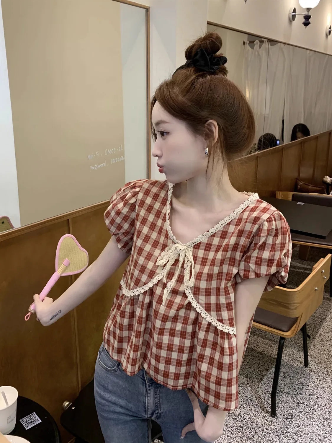 Blouses Women Plaid Vintage Literary Summer Short-sleeve Sweet Crop Tops Lace-up Aesthetic Prairie Chic Students French Style