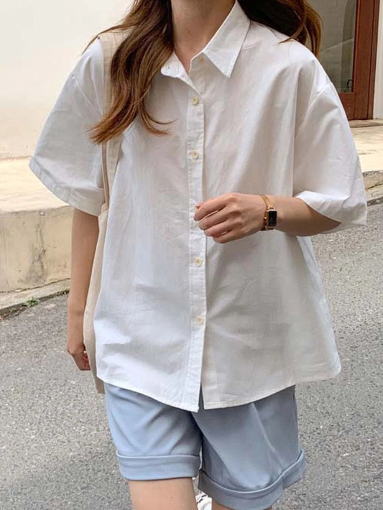 Short Sleeve Shirts Women Solid Cool Unisex College Рубашки Korean Style All-match Basic Mujer De Moda Prevalent Stylish Ins New