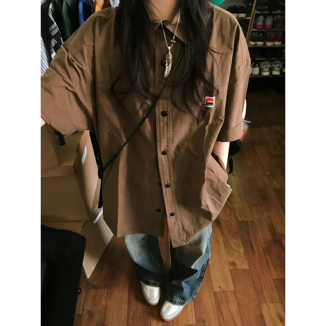 Vintage Short Sleeve Shirts Ta Blouses Streetwear Women Oversize Button Up Korean Chic Cool Brown Tops Aesthetic Hippie Japanese