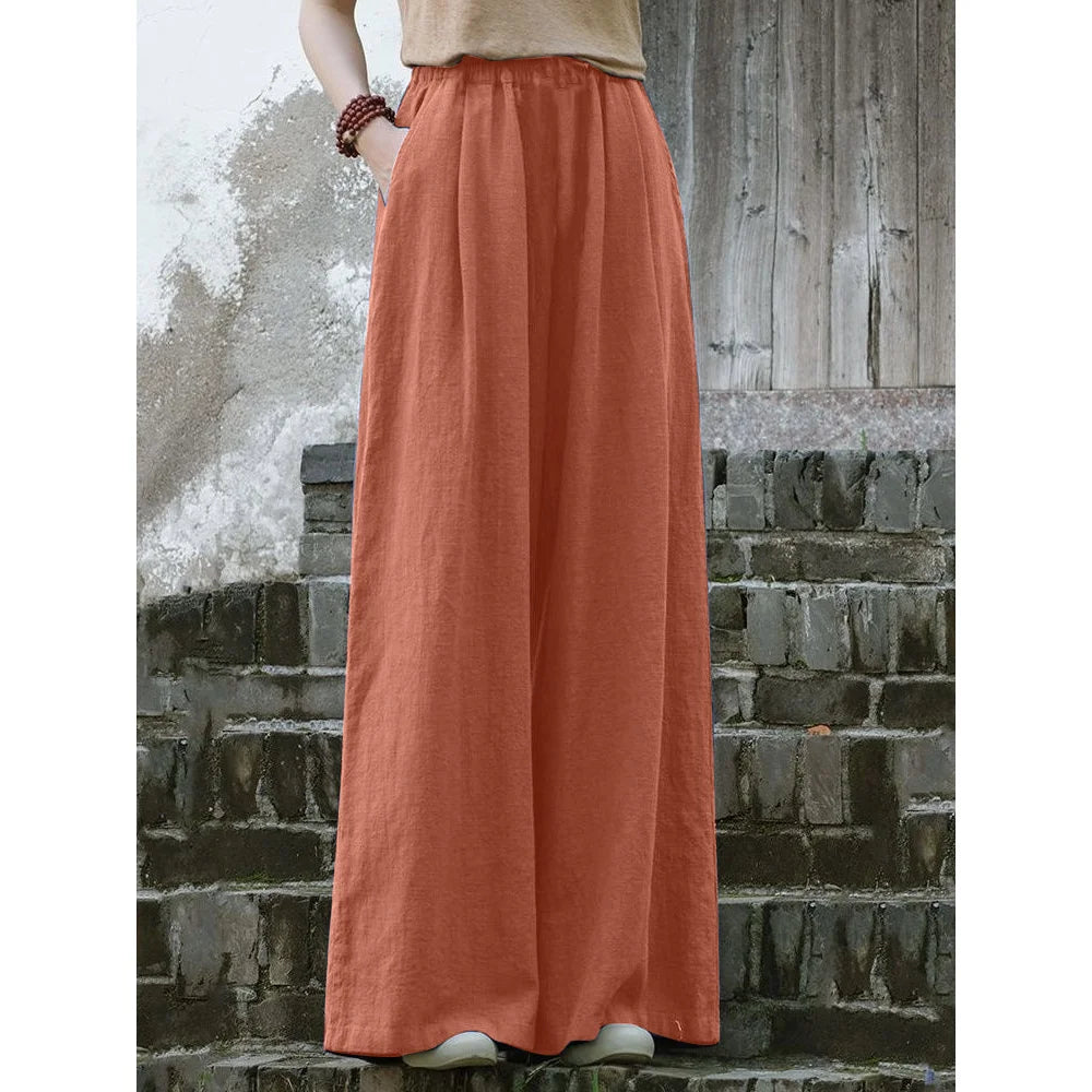 Linen Wide Leg Pants Women Casual Bohemian Loose Flowy Palazzo Pants Summer Spring