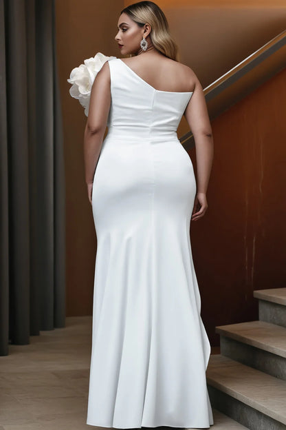 Plus Size Wedding White Elegant One Shoulder Strappy 3D Maxi Dresses