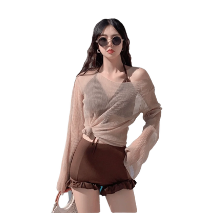 Beachwear Ruffles Bikini Set Transparent Pullover Slim Fit Swimming Suit Lace-up Sun Protection 3Pieces Set Swimwear Resort