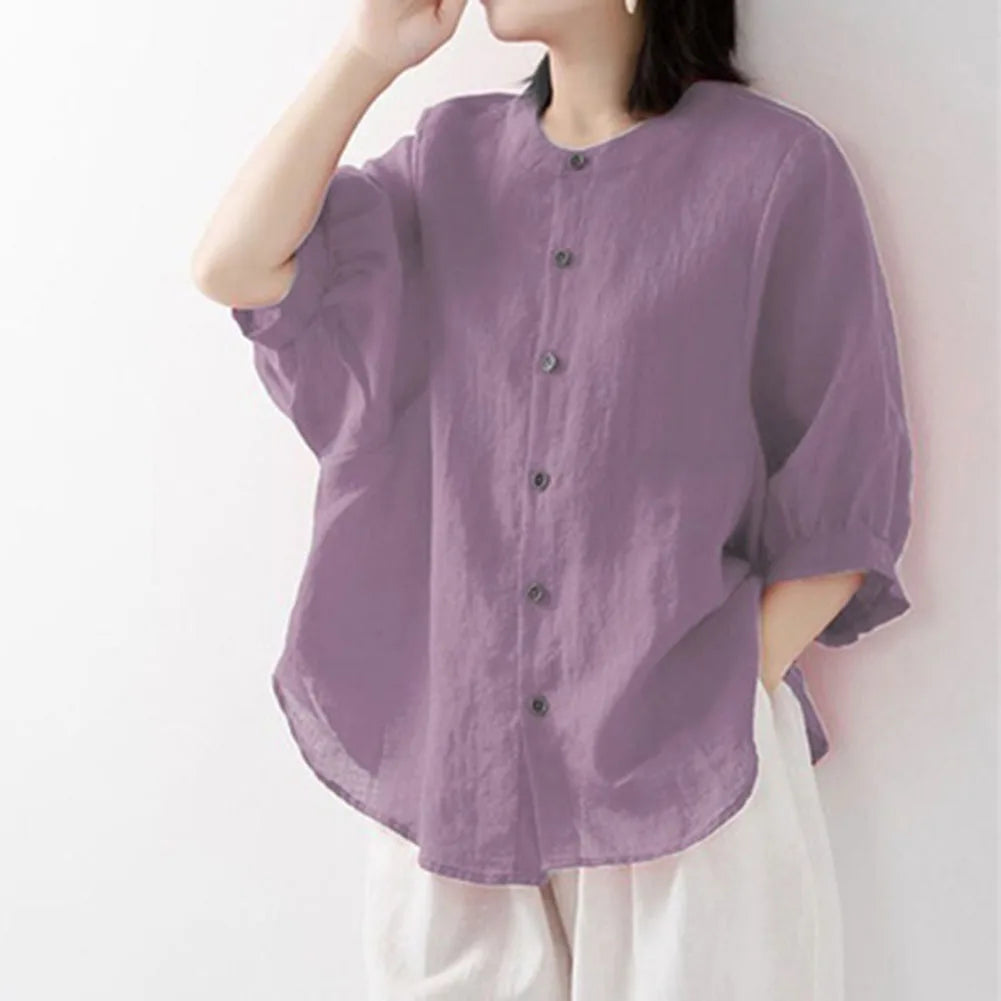 Casual Long Sleeve Cotton Linen Blouses Female Loose Fit Vintage Style Shirts Comfortable Lightweight Breathable Tops