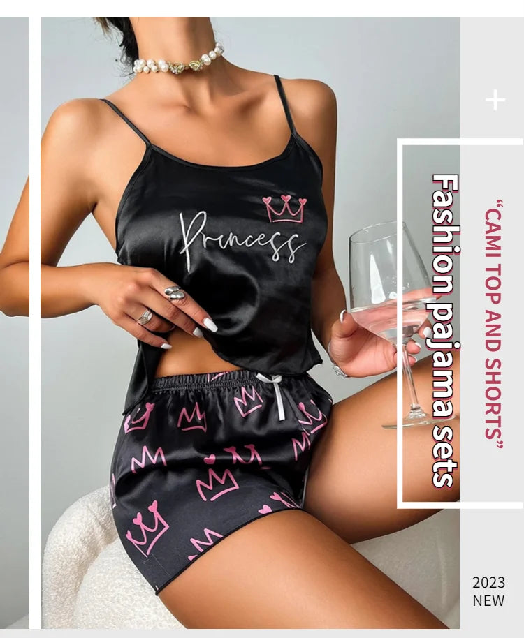 Pajamas Womens Sexy Lingerie Satin Sleepwear Silk Cami Shorts Set Soft Sleep Pjs 2 Piece Nightwear Print Pajamas Mujer Homewear
