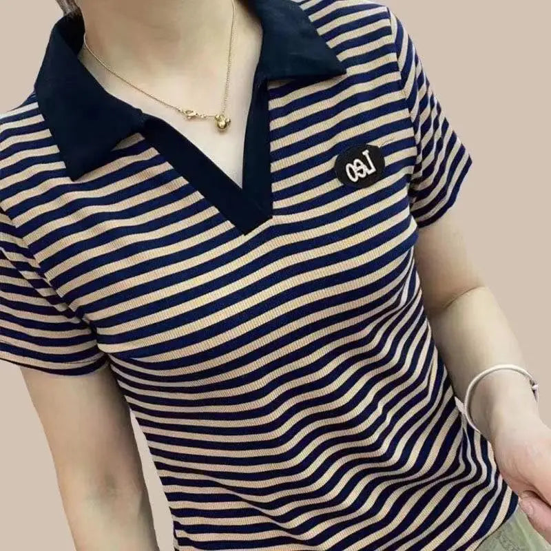 T-shirt Woman Button Tops Short Sleeve Tee Clothing Plain Polo Neck Shirts for Women Trend Luxury Polyester High Quality Sale V