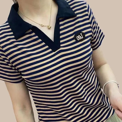 T-shirt Woman Button Tops Short Sleeve Tee Clothing Plain Polo Neck Shirts for Women Trend Luxury Polyester High Quality Sale V