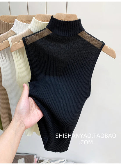 Mesh Knitted Top Women Y2K Tank Top Half Neck Vest Female Sleeveless Sweater Chic Cut Out Streetwear Solid Skinny Tube Top