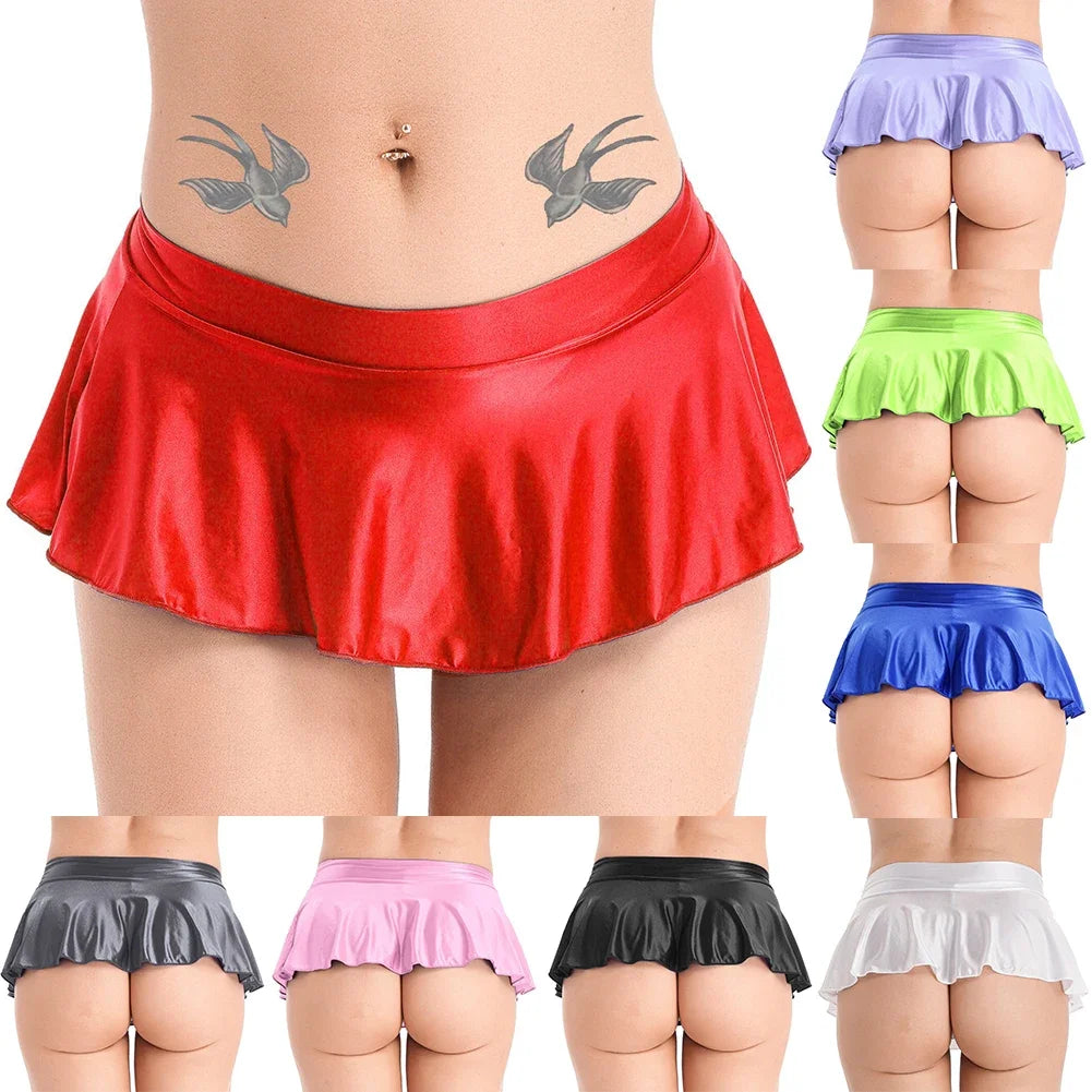 Sexy Womens Glossy Short Skirt Shiny Skater Dance Party Skirt  A-line Skirt 2023 Fashion Summer Women&