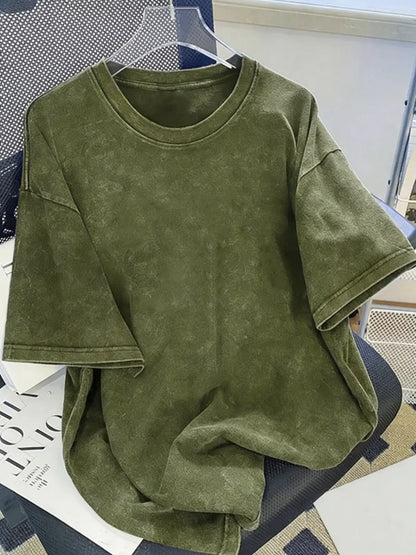Solid Cotton Washed T-Shirts Men Summer Vintage Breathable Short Sleeve Street Sport Hip Hop Streetwear Fashion All-Match Tops