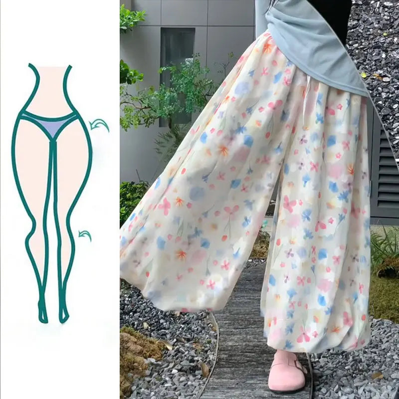 Summer French Style Floral Palazzo Pants Women High Waist Loose Boho Print Wide Leg Trousers with Drapery Comfortable &amp; Elegant