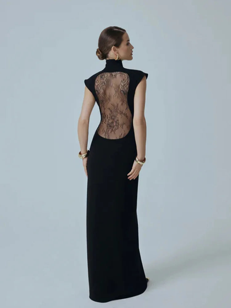 Solid Dresses For Women Fashion Sexy Streetwear Short Sleeves Turtleneck Hollow Out Sheer Long Vestidos Robes Female Elegant Fit