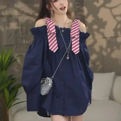 2025 Blusas De Mujer Autumn Blouse for Women Slashn Neck Patchwork Loose Shirts Fashion Single Breasted Oversized Blouses Tops